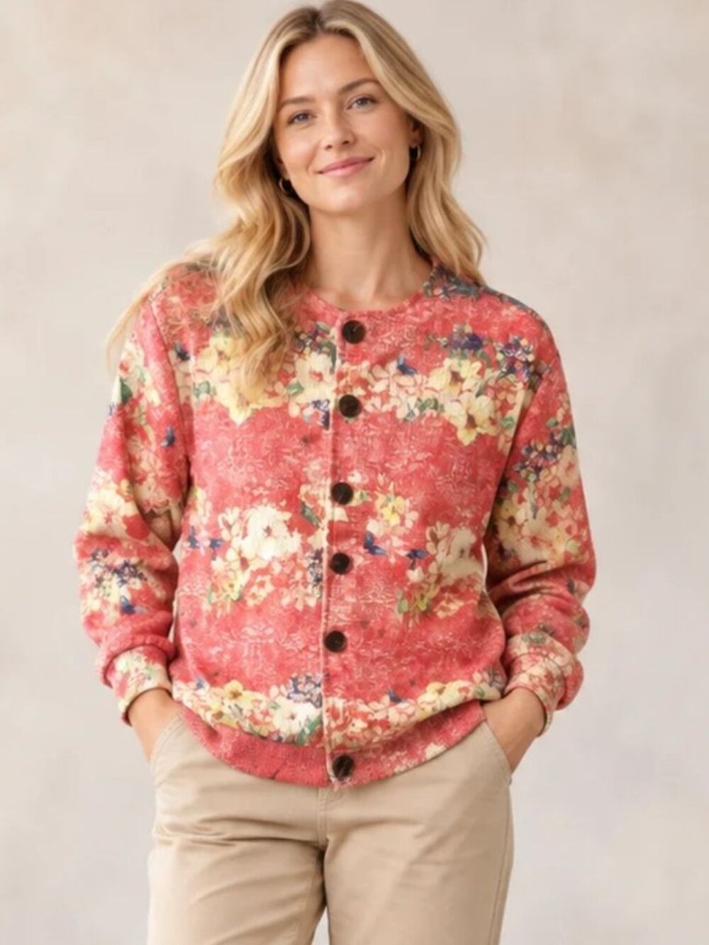 Floral Pink Cardigan Womens L Butterfly Button Front Printed Faux Knit